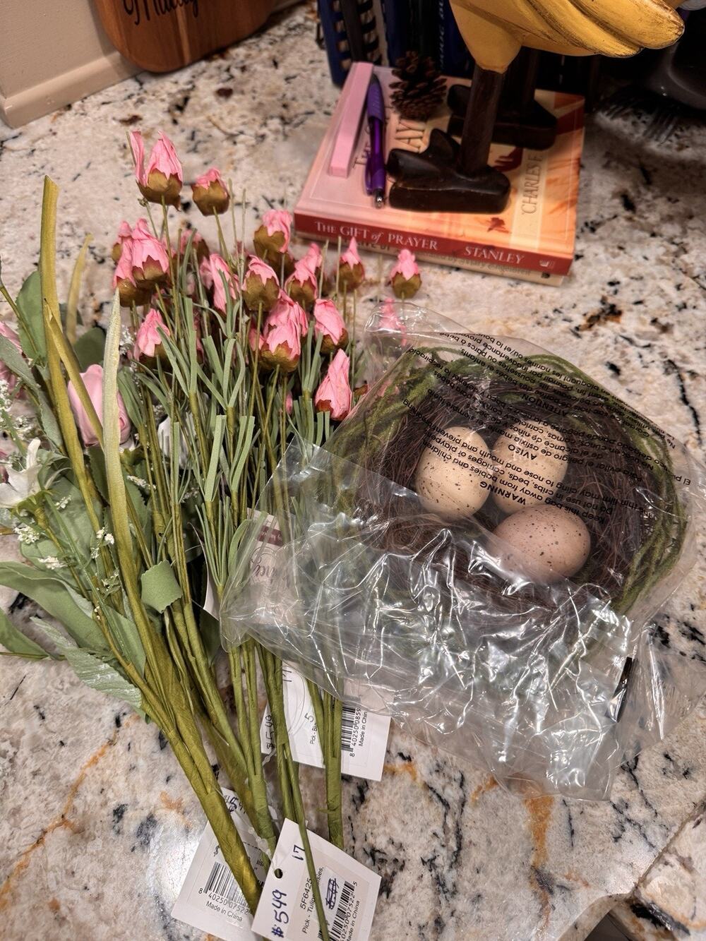 Spring Decor Bundle 1 Birds Nest 3 Eggs 4 Rose Bud 2 Tulip Daisy Greenery Stems
